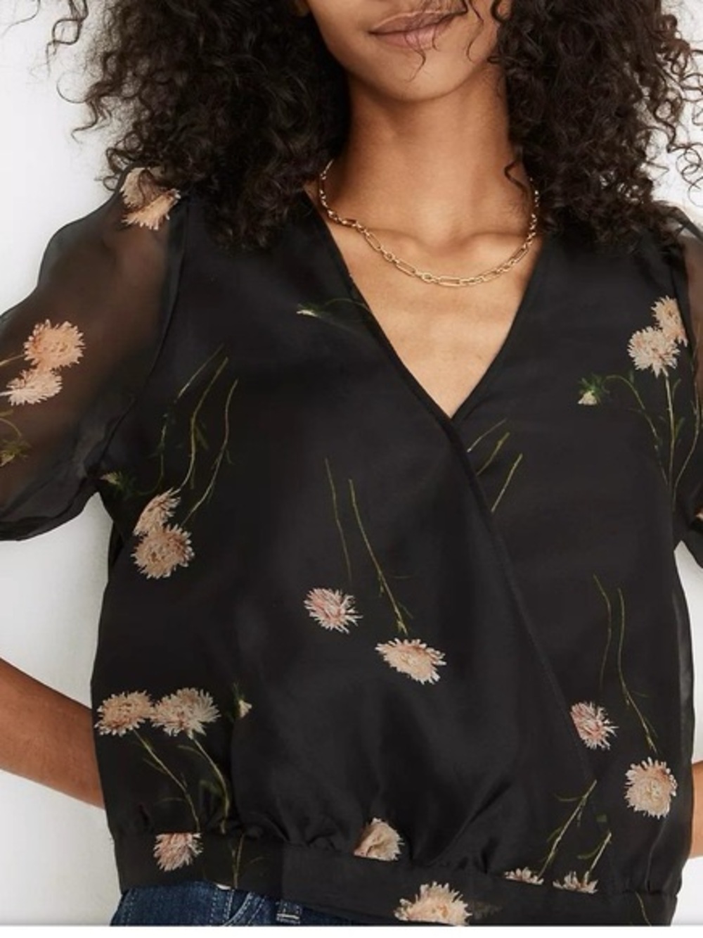 Madewell size L Navy Sheer Floral Embroidered Wrap Blouse